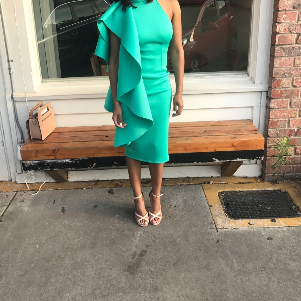 Teal Midi Fitted dress with ruffle accent